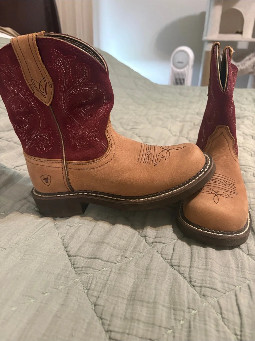 Ariat Two-Tone Leather Western Boots — Tan & Burgundy Shaft - Picture 1 of 2